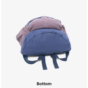 Bottom view of a lightweight color-block backpack showing reinforced base and blue straps