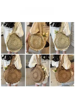 Detailed macro of handmade crochet straw bag showing intricate hollow patterns and wavy edges