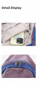 Detail of internal zipper pocket for phone and smooth dual metal zippers on purple canvas bag