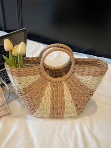 Women Summer Straw Woven Handbag Fan Shaped Paper Straw Beach Bag Circular Handle Pastoral Holiday Leisure Striped Tote Bag