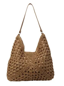 Handmade khaki crochet shoulder bag with hollow knit pattern and leather straps