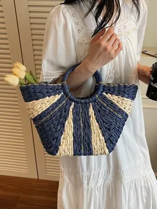French style navy and beige straw woven handbag with fan-shaped stripes for summer beach