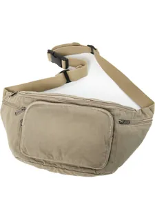 Khaki canvas crossbody waist bag with adjustable strap and multiple zipper pockets