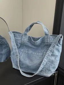 Women Large Capacity Denim Tote Bag Contrast Stitching Shoulder Handbag For School Travel Daily Commute Blue Black