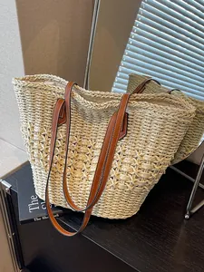 Women Large Capacity Straw Woven Tote Bag Beach Vacation Shoulder Bag Handbag With PU Leather Strap Casual Travel Bag