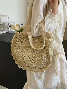 Bohemian Hollow-out Straw Woven Bag Large Capacity Floral Pattern Paper Shoulder Tote Bag For Women Summer Holiday Beach Bag