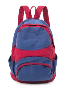 Navy and burgundy canvas travel backpack with multi-pocket design and adjustable straps