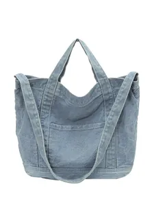Light blue denim tote bag with adjustable shoulder strap and minimalist washed texture