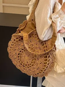 Bohemian large straw tote bag with circular hollow-out lace weave and inner lining