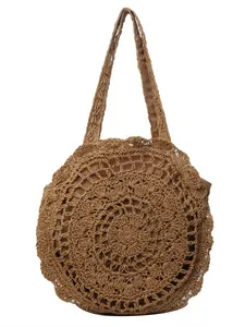 Bohemian large capacity hollowed straw shoulder bag for summer beach vacation