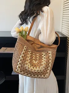 Sac Cabas en Paille Tissé de Grande Capacité Été Plage Vacances Fleur au Crochet Évidée Sac à Main Femme Sac Bandoulière Voyage Décontracté