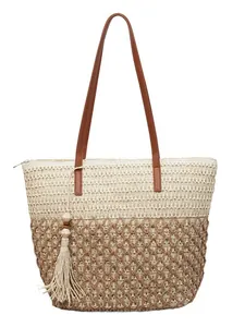 Sac cabas en paille tissée bicolore beige et marron avec lanières en cuir et pompon
