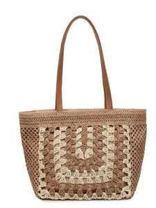 Sac cabas en paille crocheté café et beige avec motifs bohèmes en carrés de grand-mère