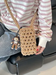 Handmade Crochet Hollow Woven Mini Phone Crossbody Bag Cotton Rope Straw Beach Style Shoulder Bag For Women Holiday Gift