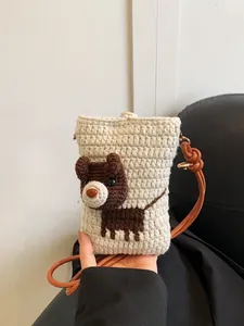 Handgeweven Cartoon Hond Haken Crossbodytas Voor Dames Schattig Garen Gebreide Mobiele Telefoon Schoudertas Met Lange Band