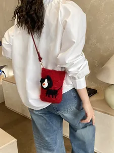 Rode gehaakte crossbody tas met schattige 3D-kat en bruine kunstlederen riem