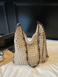Handwoven Mesh Tote Bag Hollow Crochet Shoulder Bag With Wooden Beads Bohemian Beach Vacation Bag For Women