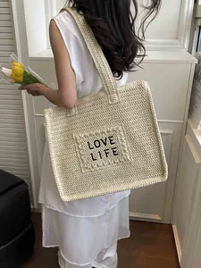 Women Straw Woven Beach Tote Bag Large Capacity LOVE LIFE Embroidery Shoulder Bag Summer Vacation Handbag Stitching Handle Bag