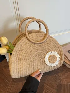 Damen Stroh Handtasche Strandurlaub Halbkreis Große Kapazität Sommer Tragetasche Gänseblümchen Khaki Pastoral Mode Reisetasche