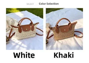 Detail of woven beach bags in white and khaki with leather handles on a picnic blanket