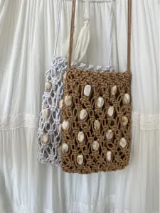 Bohemian hand-woven mini phone bags with marble beads and crossbody rope straps