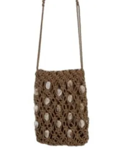 Bohemian hand-woven mini crossbody bag with shell beads and hollow mesh pattern
