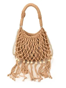 Bohemian macrame woven beach bag with long tassels, wooden beads and pearl shoulder strap