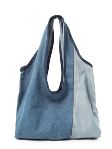 Vintage τσίνινη τσάντα tote με χρωματικές αντιθέσεις και μεγάλη χωρητικότητα