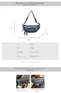 Detailed dimension guide and specifications for the denim crossbody waist bag