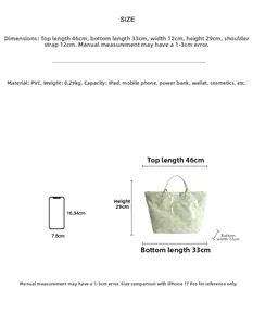 Detailed size guide for the large waterproof PVC tote bag with floral cutouts