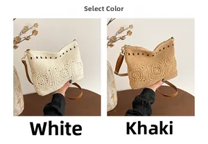 Detail of hand-woven crochet bags in white and khaki with bead accents and leather straps