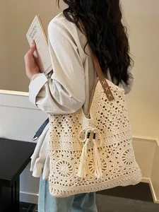 Damen Böhmisch Häkeln Gewebt Tote Tasche Hohl Blumen Muster Schultertasche Mit Quaste Holzperlen Riemen Strand Urlaub Handtasche