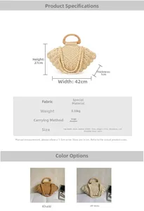 Detailed size specifications for a woven fan-shaped tote with wooden handles and dual colors