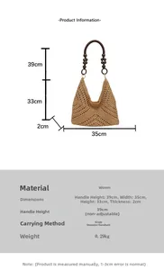 Detailed size chart for woven beach bag with dimensions and technical specifications