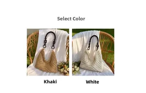 Handwoven hollow beach bag detail with round wooden bead handles in khaki and white