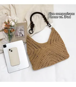 Detailed size comparison of a woven beach tote bag with an iPad and a smartphone