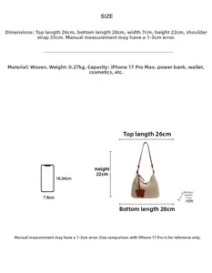 Size chart showing woven shoulder bag dimensions 28x22x7cm with capacity details