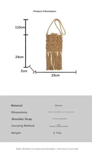 Detailed size chart for the straw woven bag with fringe detailing and dimensions