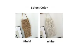 Detail view of handmade macrame bags with long tassels in khaki and white colors