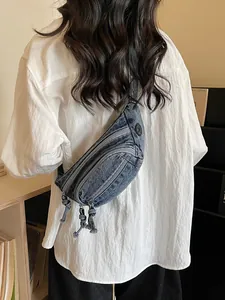 Women Vintage Denim Chest Bag Korean Style Washed Fanny Pack Multi Pocket Crossbody Waist Bag Casual Travel Daily Commute