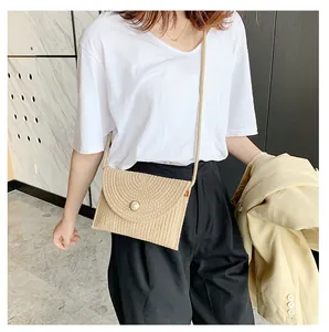 Détail du sac bandoulière en paille tressée avec un bouton en perle blanche