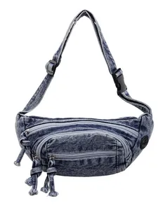 Light blue denim fanny pack with adjustable strap and multiple zipper pockets