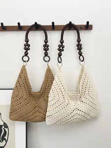 Bohemian Woven Tote Bag Women Hollow Out Crochet Shoulder Bag With Wood Bead Handle Summer Beach Vacation Straw Handbag
