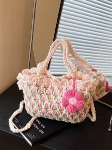 Handgefertigte Häkel Umhängetasche Damen Süße Tulpe Sonnenblume Gewebte Handytasche Künstliche Perlenschnalle Gestrickte Schultertasche