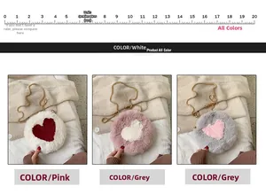 Detailed comparison of round plush cross-body bags in white, pink, and gray colors