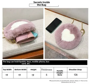 Size chart for circular plush heart bag showing dimensions and crossbody chain strap length