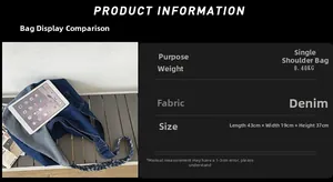 Detailed view of blue denim tote bag dimensions 43x37cm and 0.40kg weight capacity