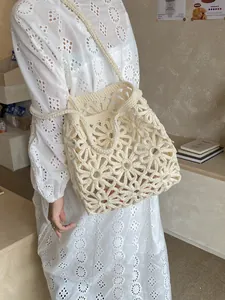 Women Forest Style Hollow Flower Woven Tote Bag Crochet Beige Large Capacity Shoulder Beach Bag For Vacation Casual Bag