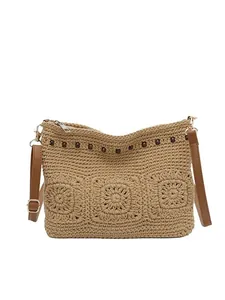 Bohemian hand-woven straw bag with wooden beads and adjustable shoulder strap