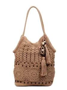 Borsa tote in maglia bohémien con motivi a girasole e ciondoli con perline in legno